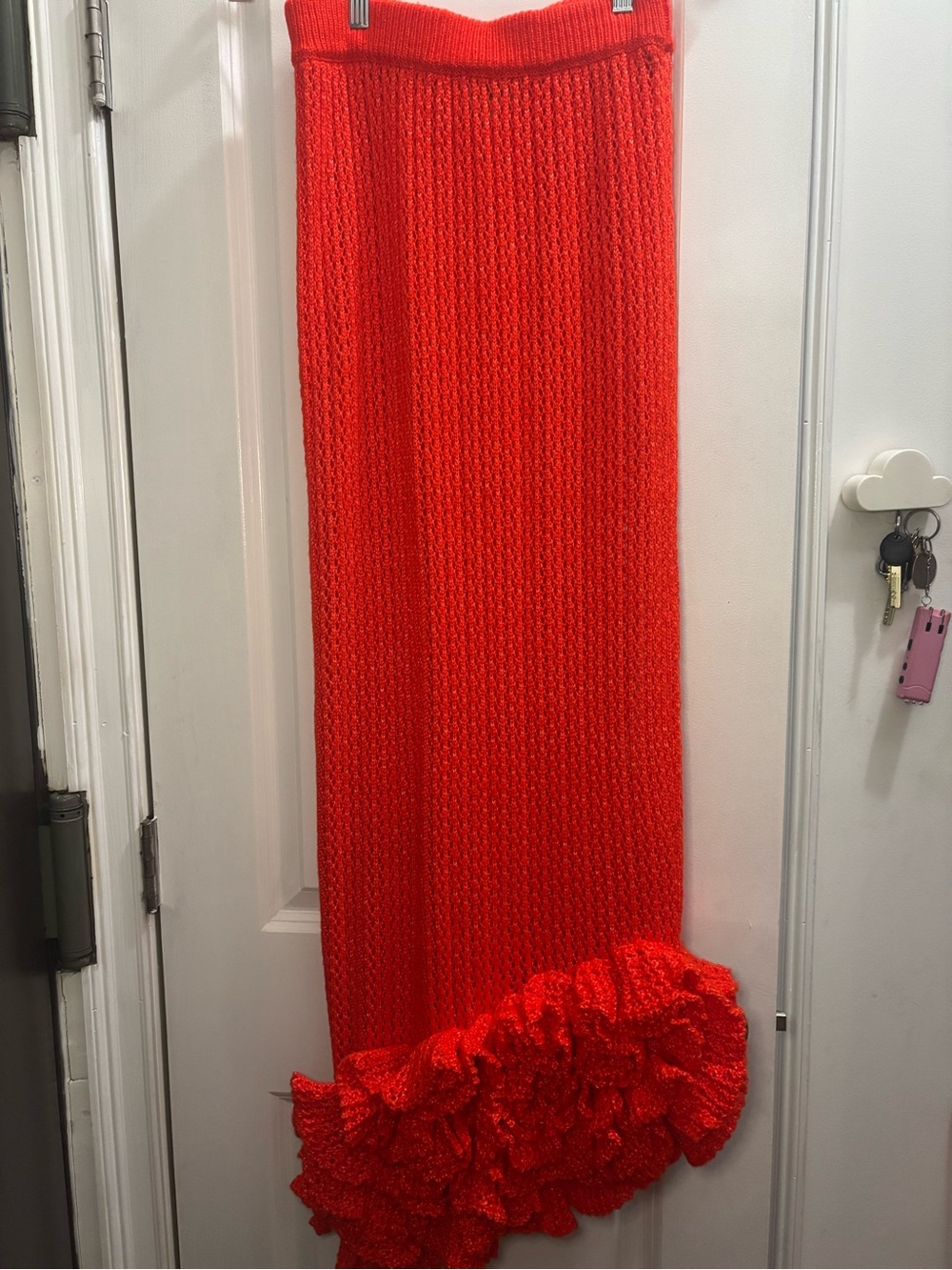 Hanifa Reddish Orange Knit Pencil Skirt with Ruffle Hem - Picture 7 of 8